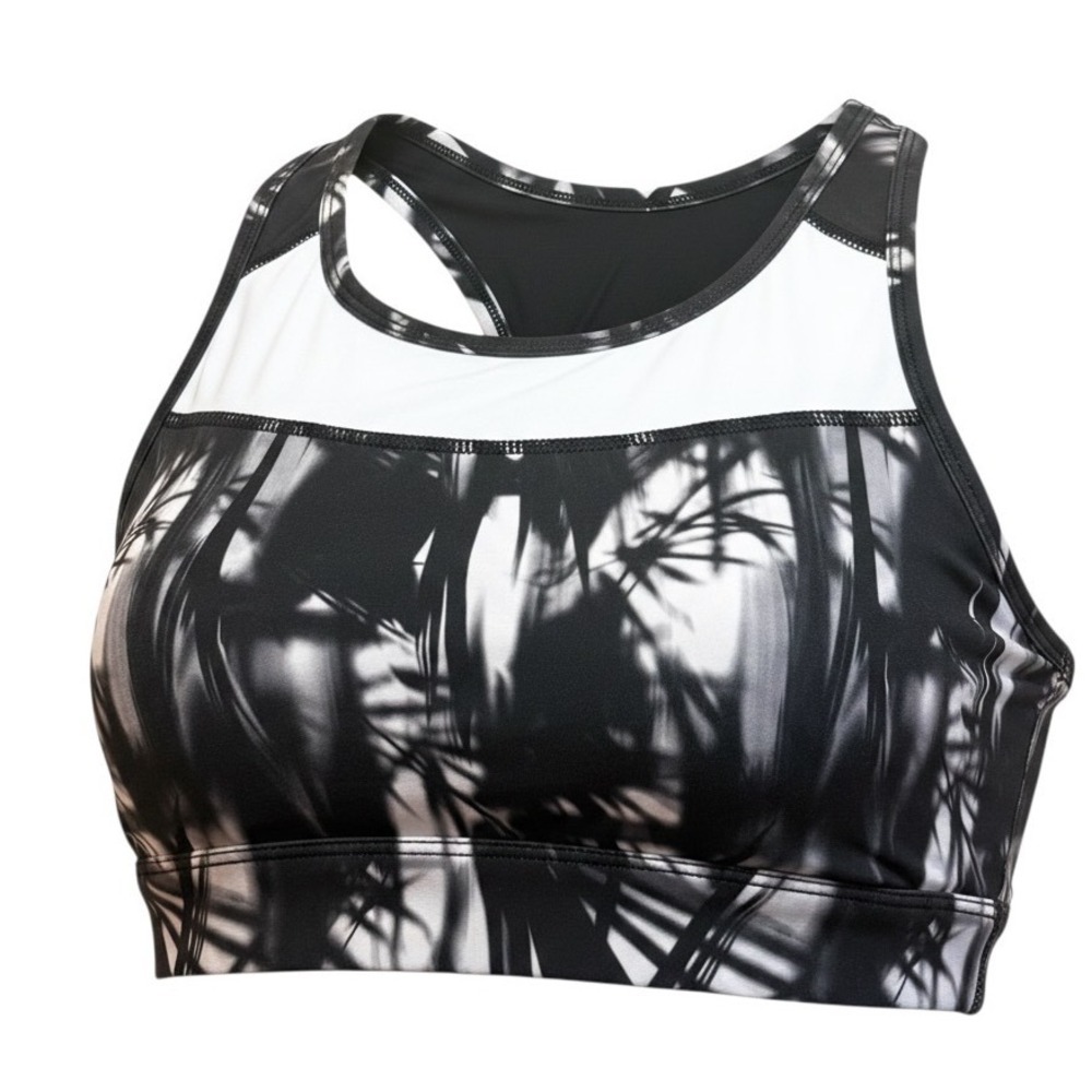 Kyodan Womens Black White Tropical Palm Print Mesh Racerback Sports Bra Size M